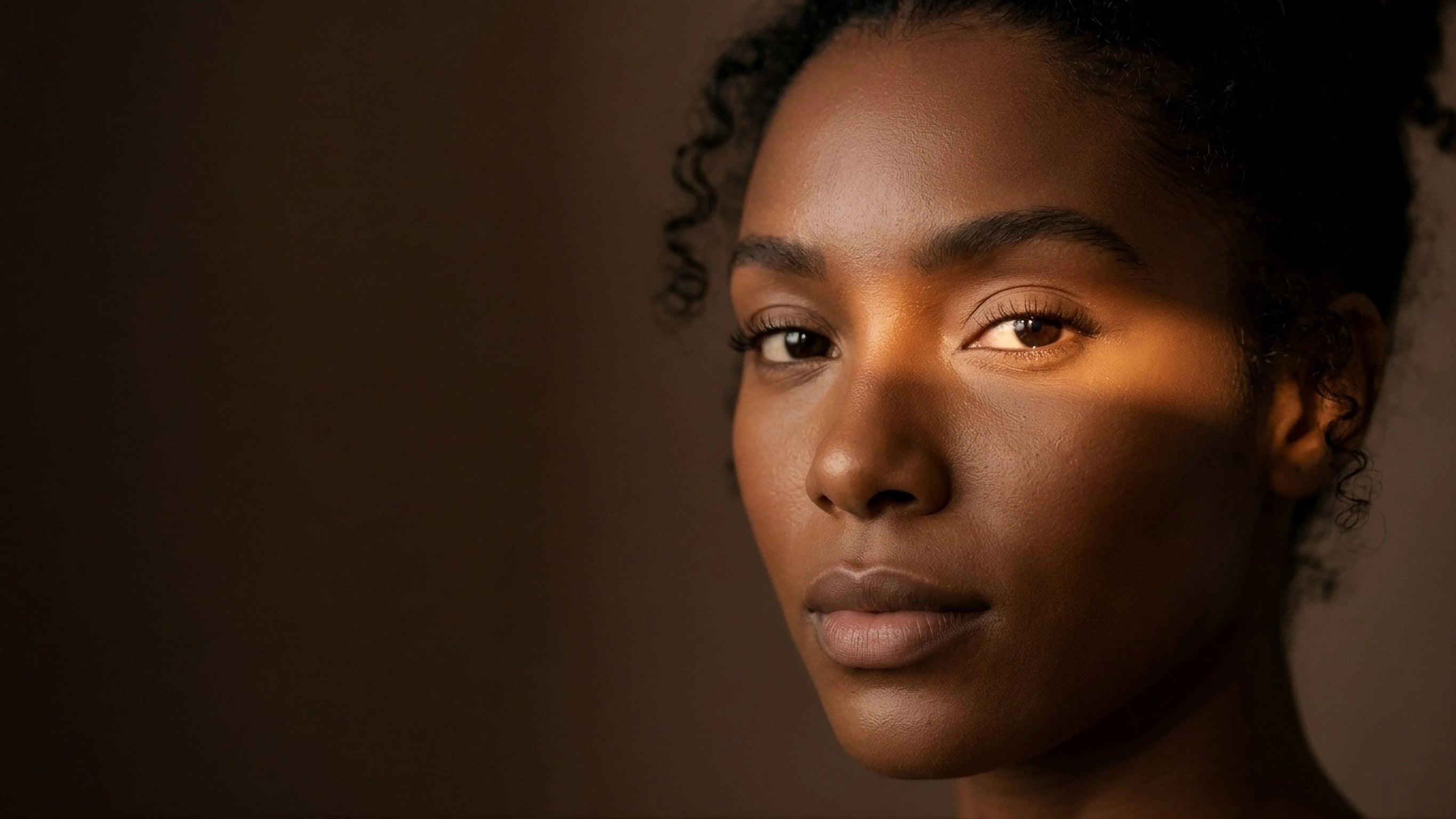 Retrato de uma mulher negra de olhar tranquilo, com uma faixa de luz quente sobre os olhos